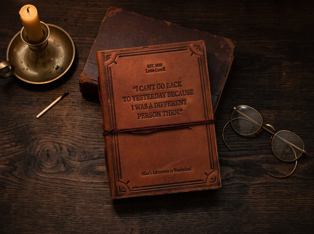 Alice In Wonderland Leather Journal - "I Can't Go Back to Yesterday" Quote journal detail