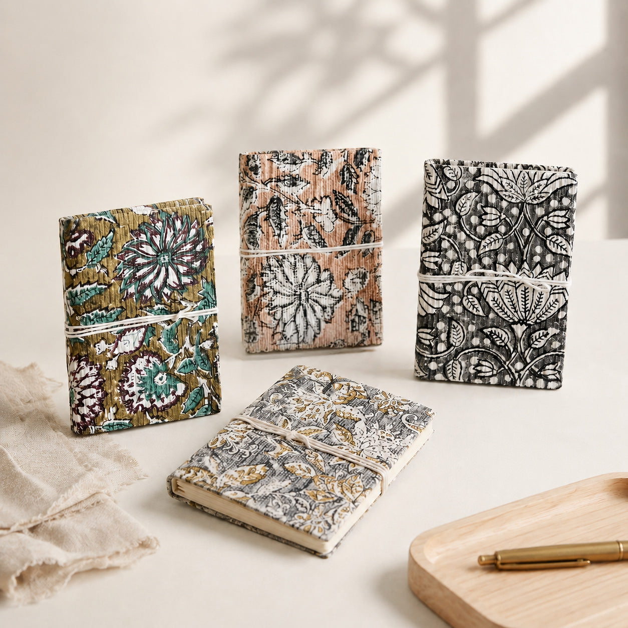 Signature twin artisan hardcover notebook journals on a curated desktop next to a pen cup.