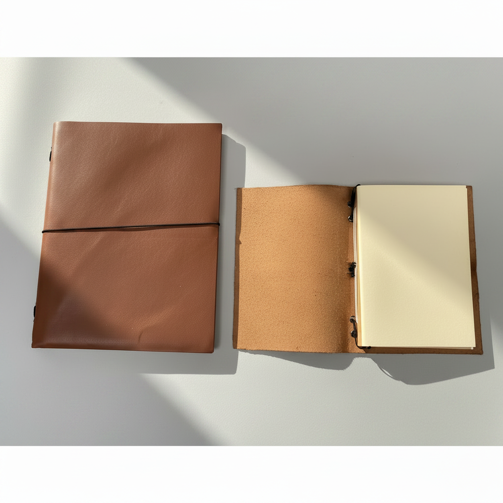 A4 leather writing folio open on a desk