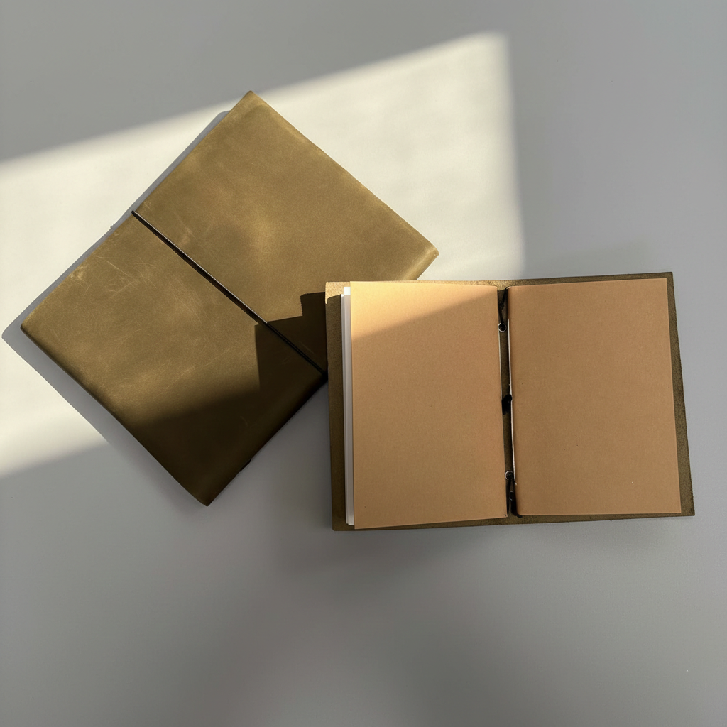 A5 leather folio held in hand