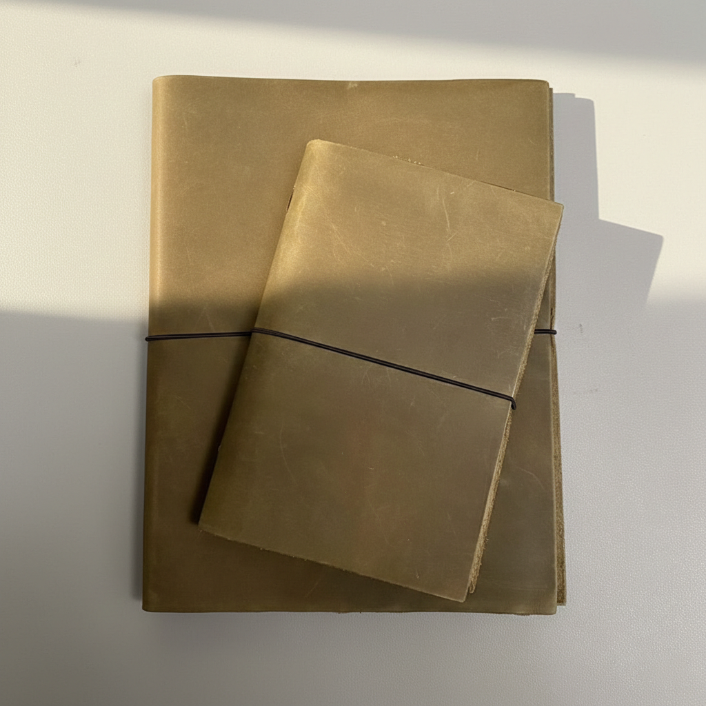 Elastic strands holding notebook inserts in leather folio