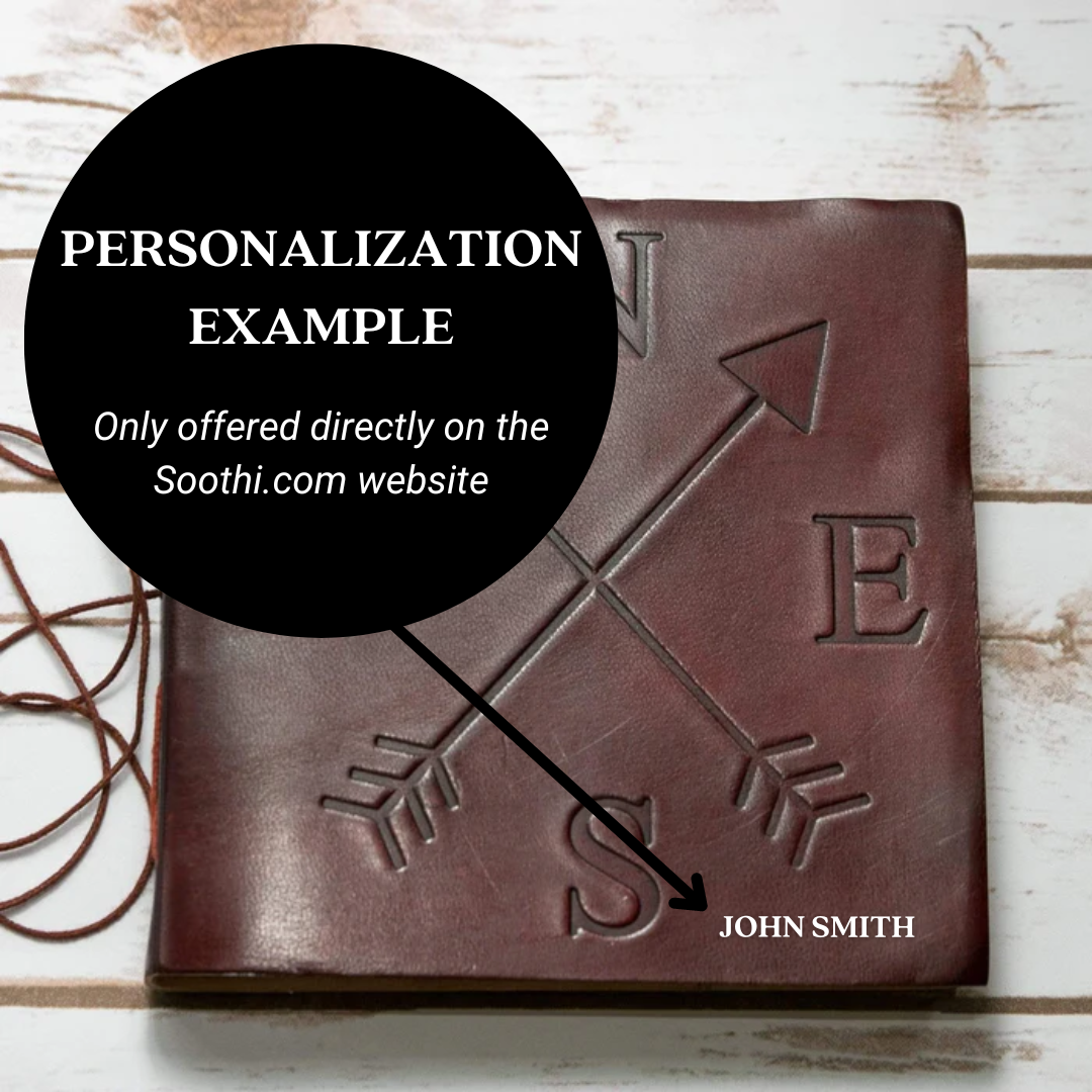 Personalization placement guide for the Compass 7x7 leather journal