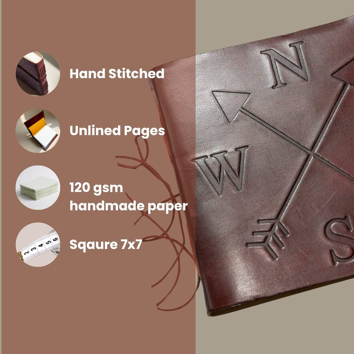 Embossed compass rose with cardinal directions on repurposed leather journal cover