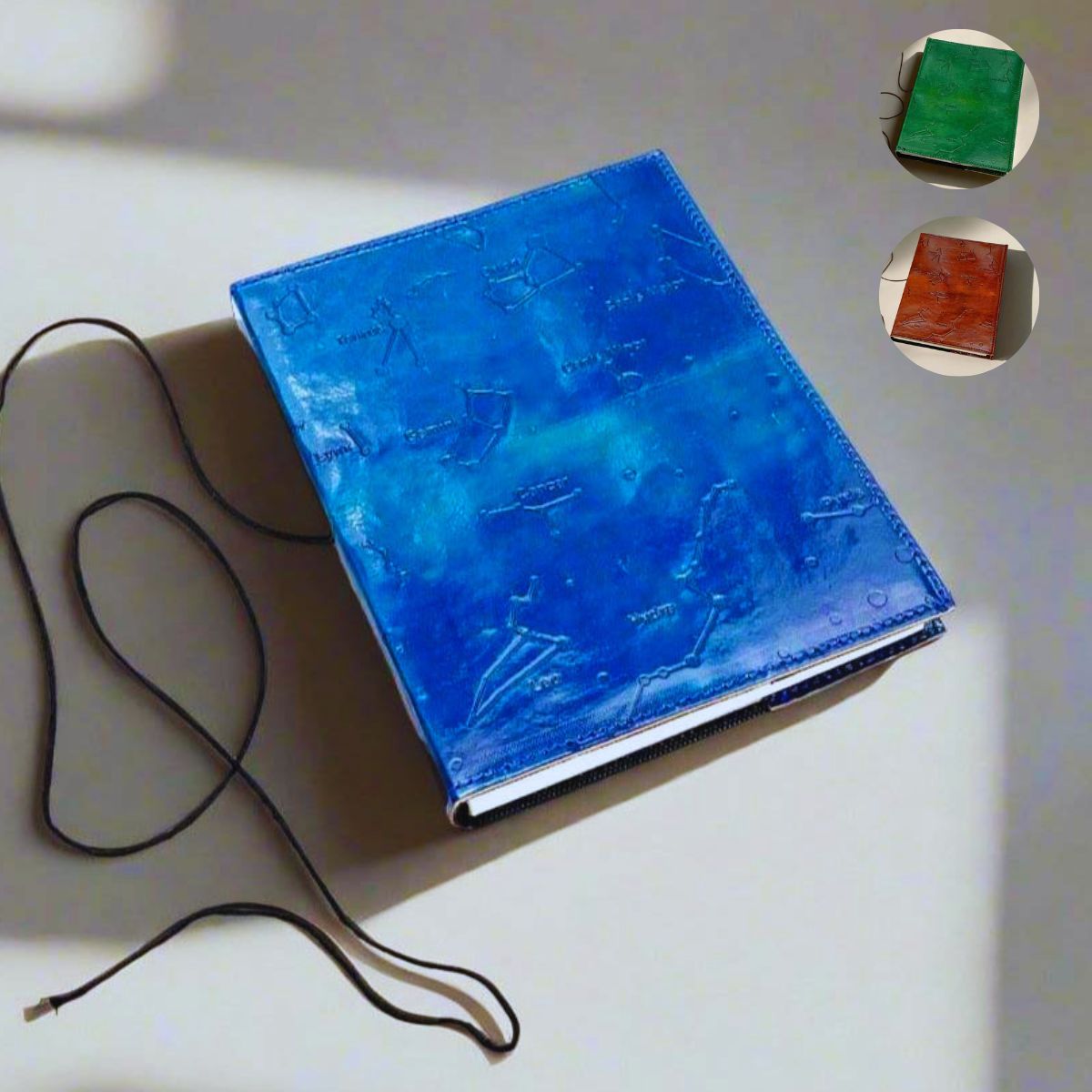 Blue Constellation Refillable Embossed Leather Journal, cover with two other color options. 
