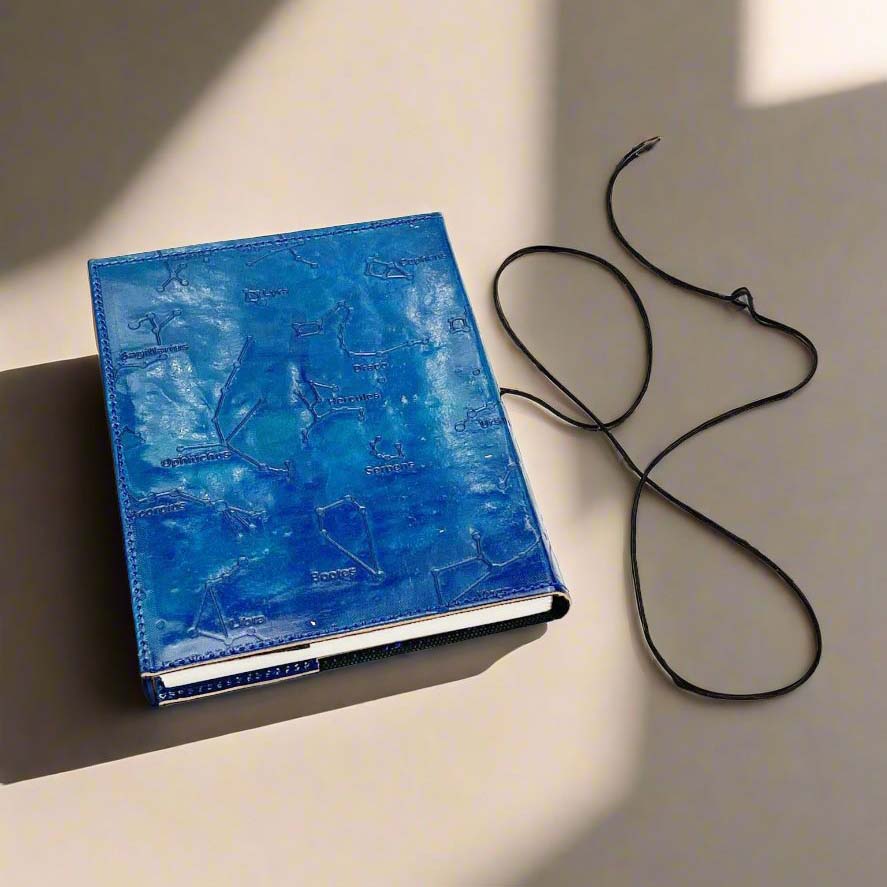 Embossed constellation leather journal in color blue – perfect for astrology lovers, writers, and deep thinkers 