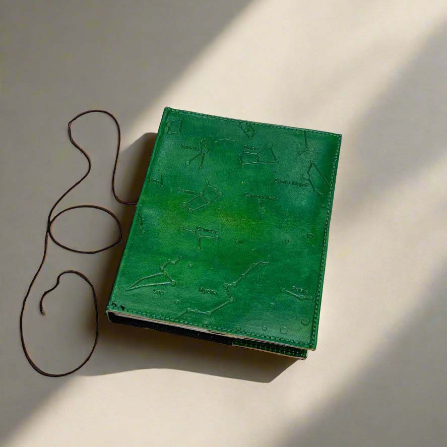 Embossed constellation leather journal in color green – perfect for astrology lovers, writers, and deep thinkers 