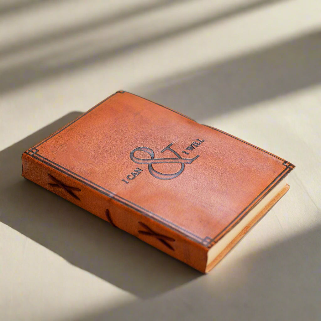 Soothi brown leather journal with the embossed quote 'I Can & I Will' on the cover - perfect for journaling, reflection, and manifesting