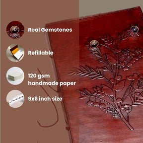 Floral-embossed leather journal – eco-conscious design with amethyst and botanical stones for grounding and creativity
