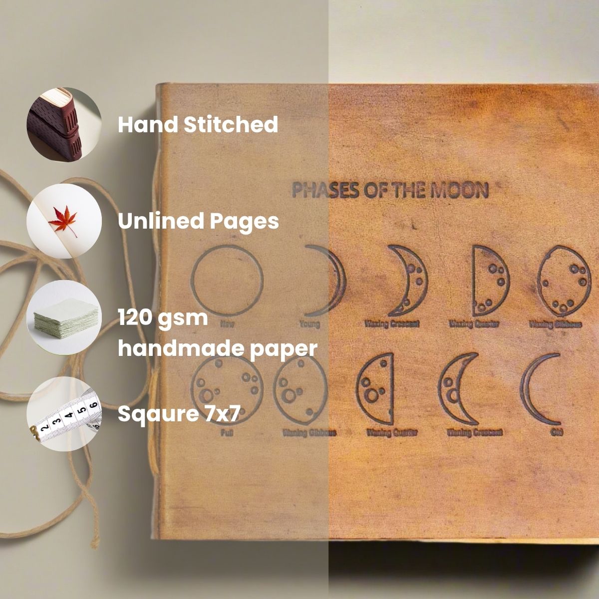 Soothi leather journal embossed with moon phases – celestial-inspired, handcrafted notebook for lunar journaling, intention setting, and spiritual reflection