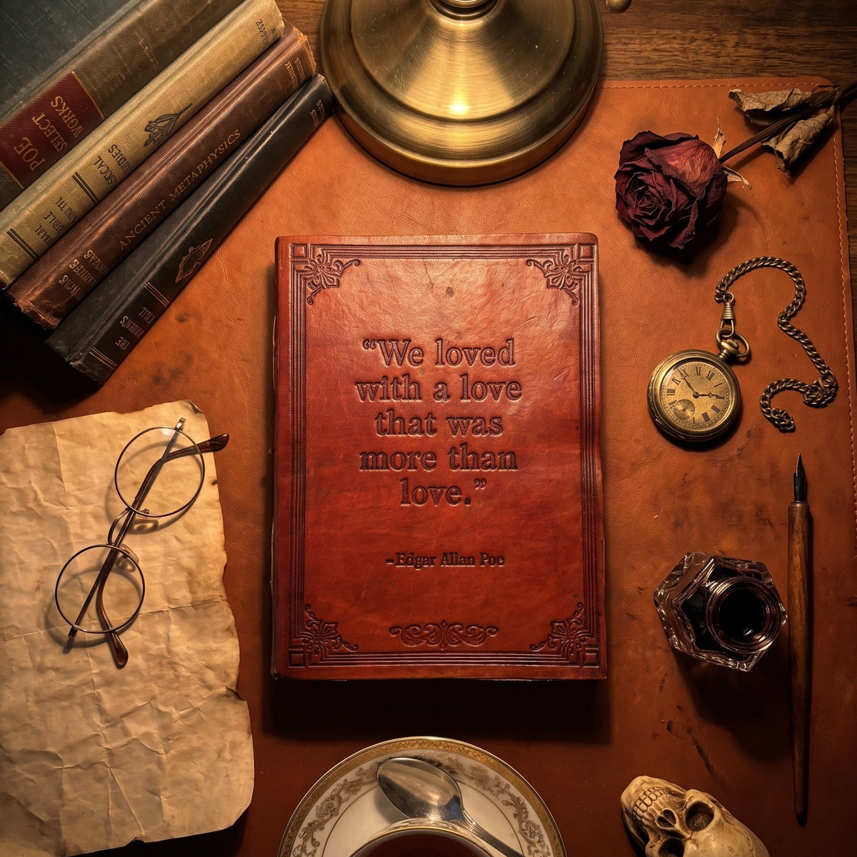 Edgar Allan Poe Leather Journal - "A Love More Than Love" Quote