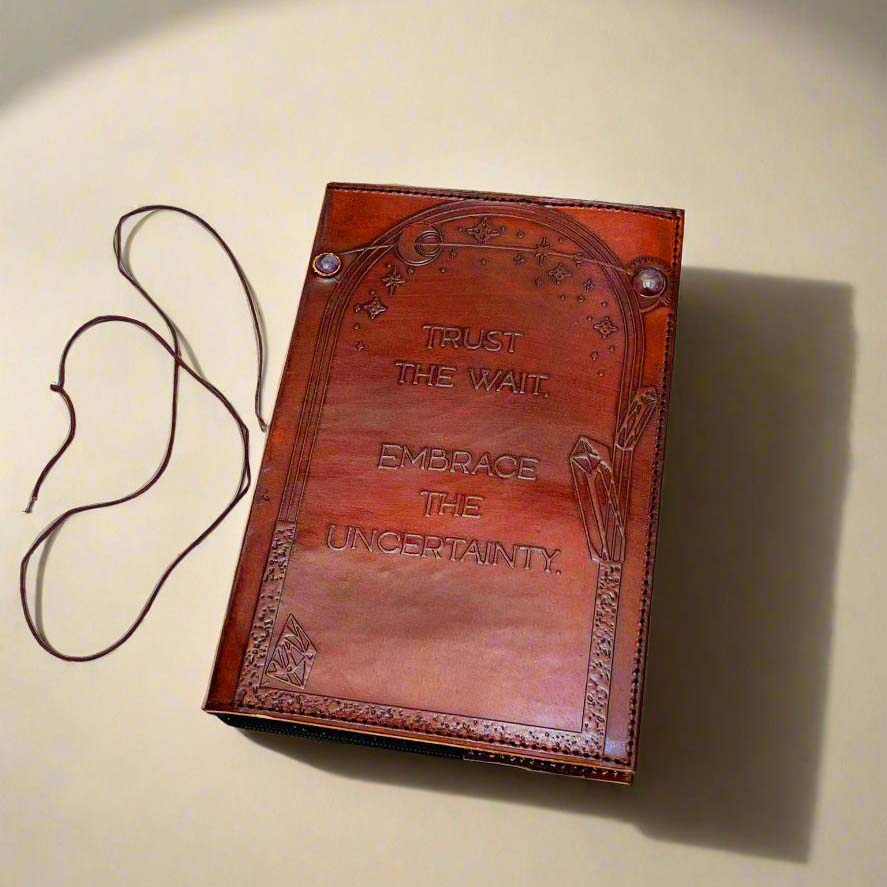 Soothi leather journal with “Trust the Wait. Embrace the Uncertainty.” engraving – a mindful, inspirational notebook for journaling, reflection, and personal growth
