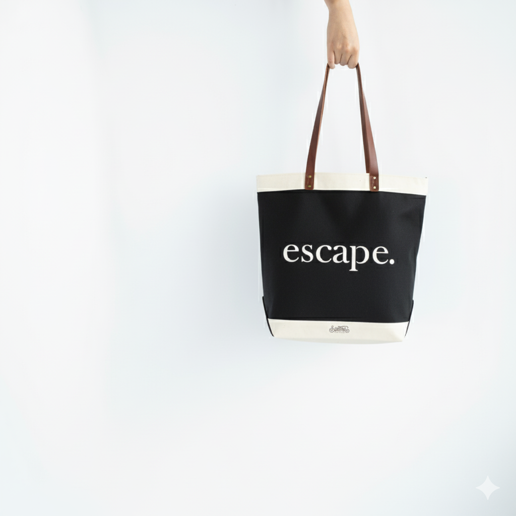 Black tote bag with 'escape.' text held by a hand on a white background