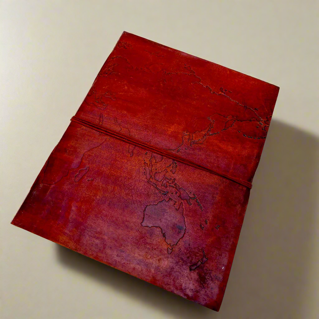 Back cover of world map embossed leather journal
