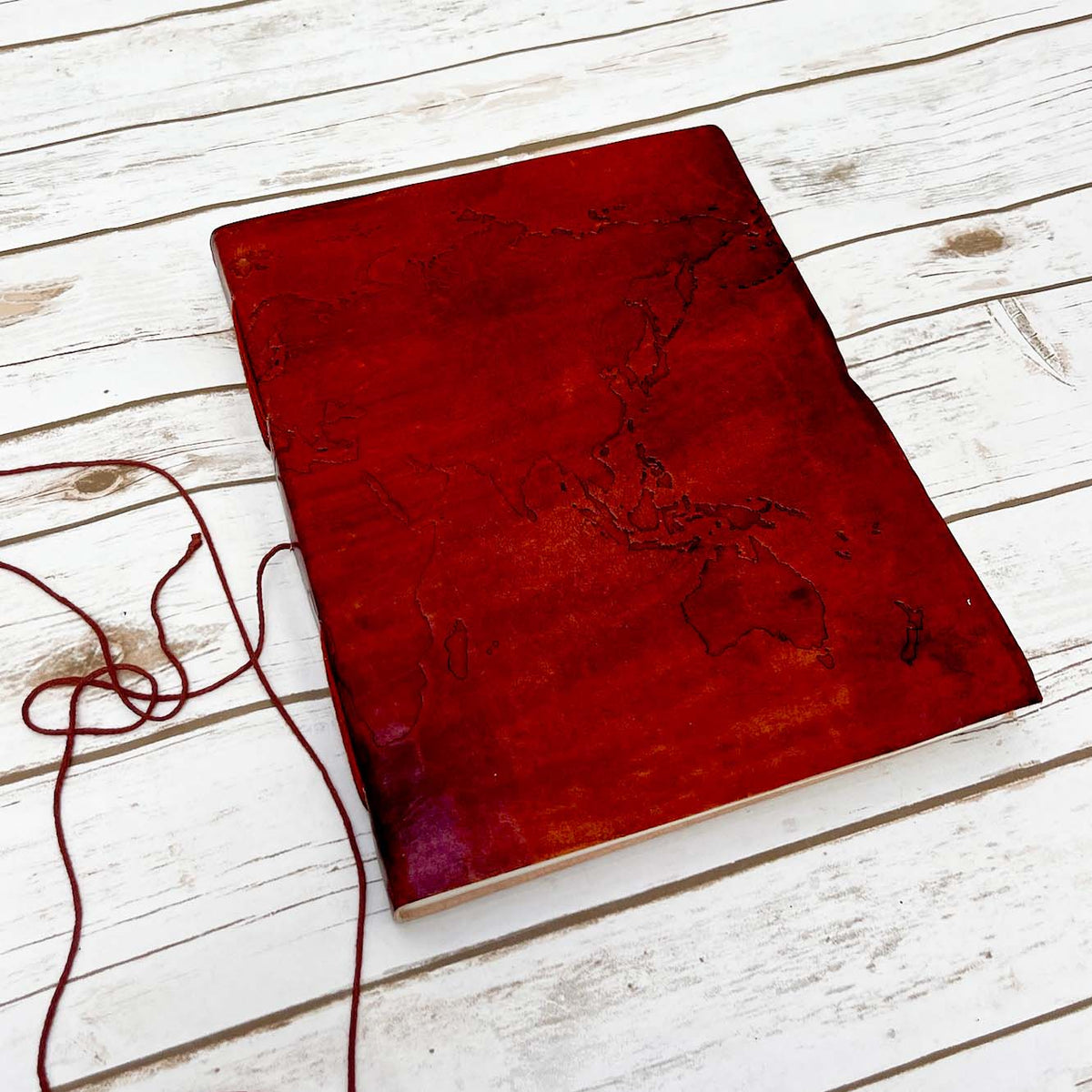 World map statement journal standing upright on shelf