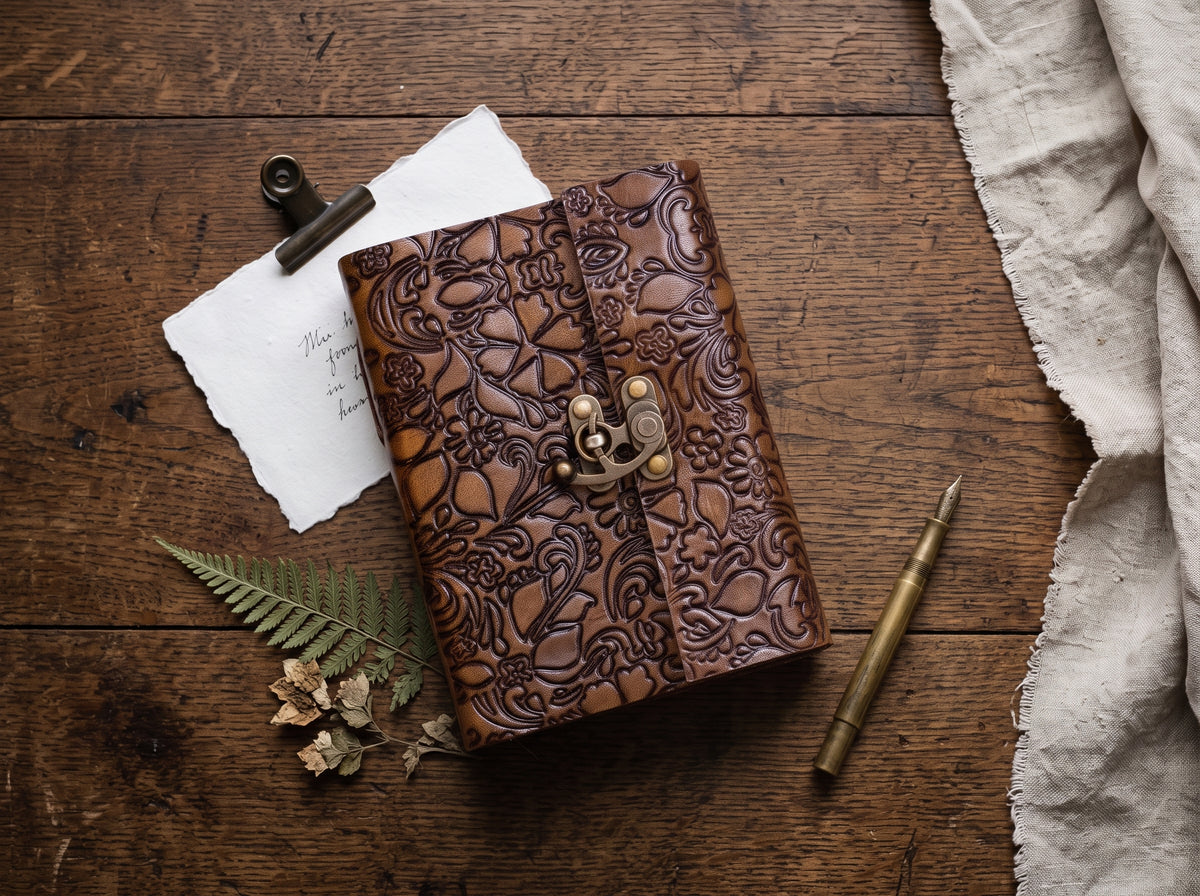 Floral Debossed Latch Leather Journal