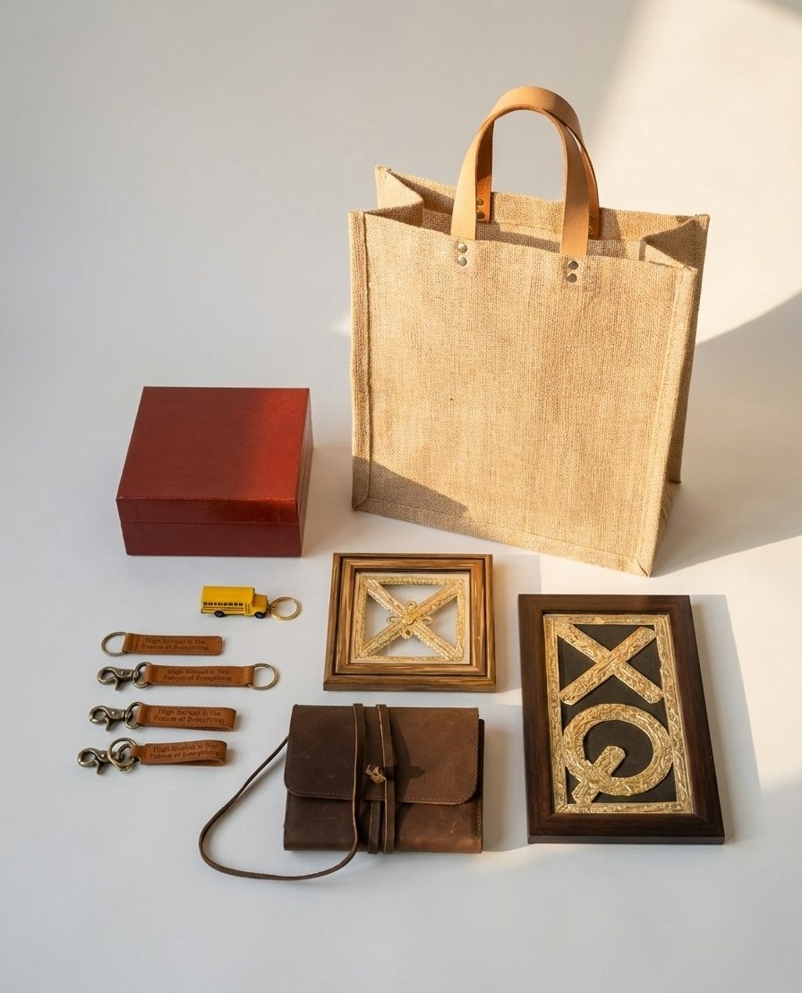 Collection of brown leather and jute products including a bag, wallet, keychains, and decorative items on a white background.