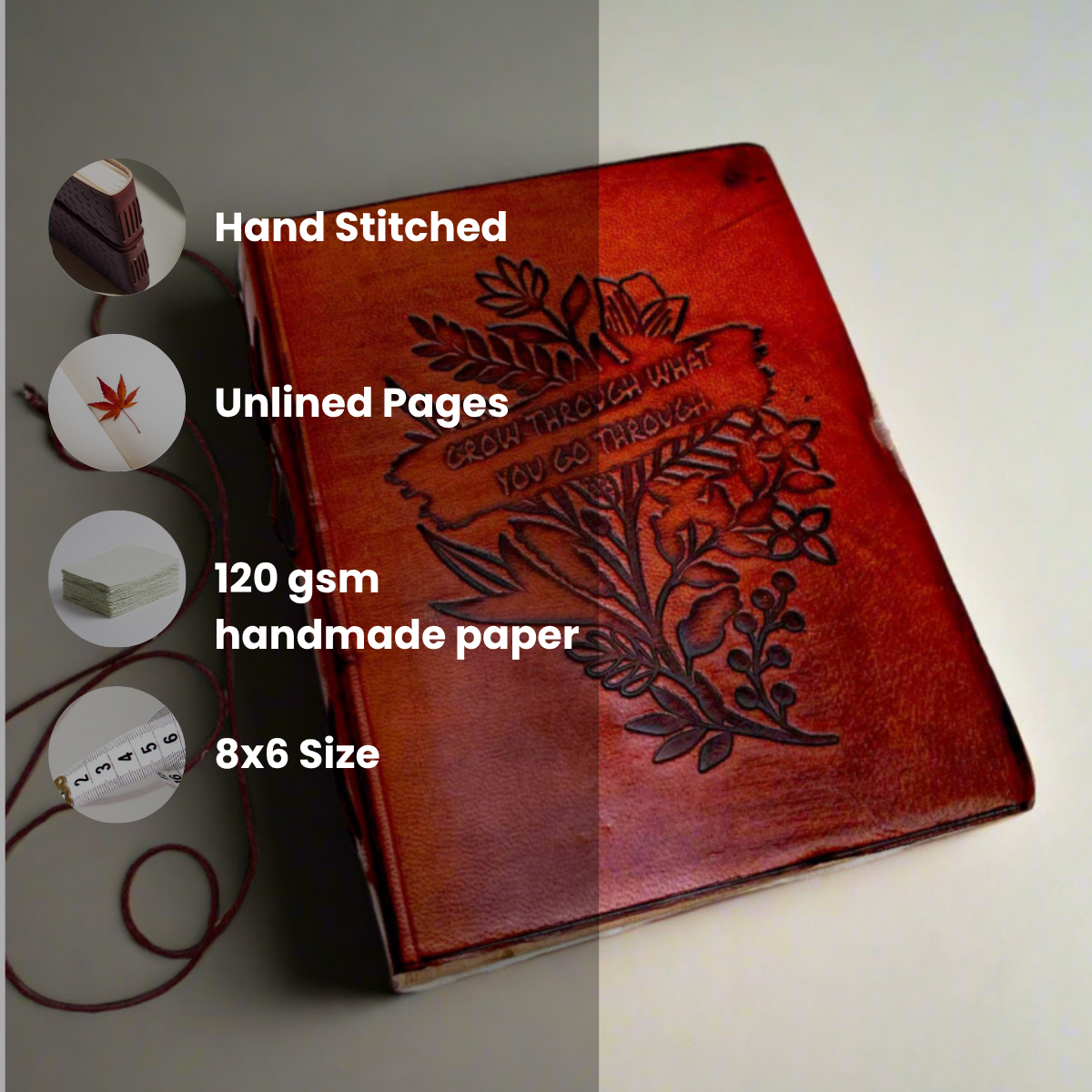 Hand-stitched notebook with floral design on cover, featuring text about paper quality and size.