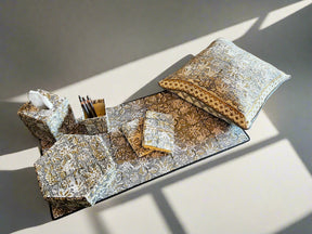 Complete 8-piece office decor set in a matching green floral block print pattern on a desk.