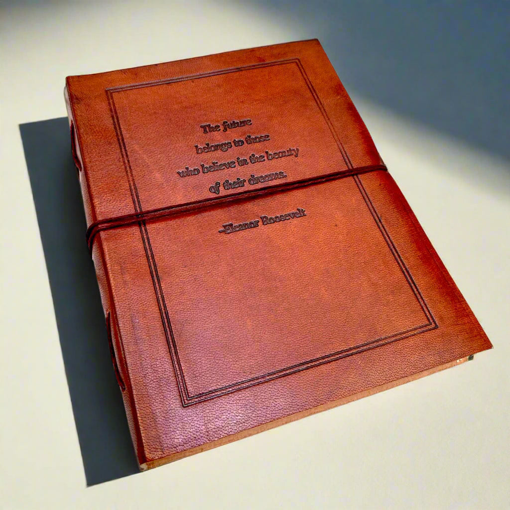 Minimalist leather notebook with embossed mantra – ethically made, ideal for personal growth and inner peace