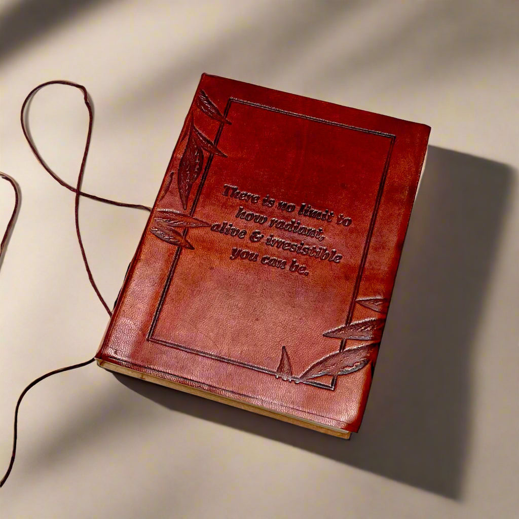 Artisan reddish brown leather diary with motivational quote – thoughtful gift to record thoughts, set goals, or simply affirm self-worth