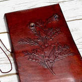 Floral-embossed leather journal – eco-conscious design with amethyst and botanical stones for grounding and creativity