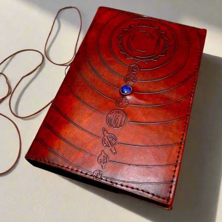 Space Odyssey Refillable Leather Journal with Solar System Design & Cobalt Stone