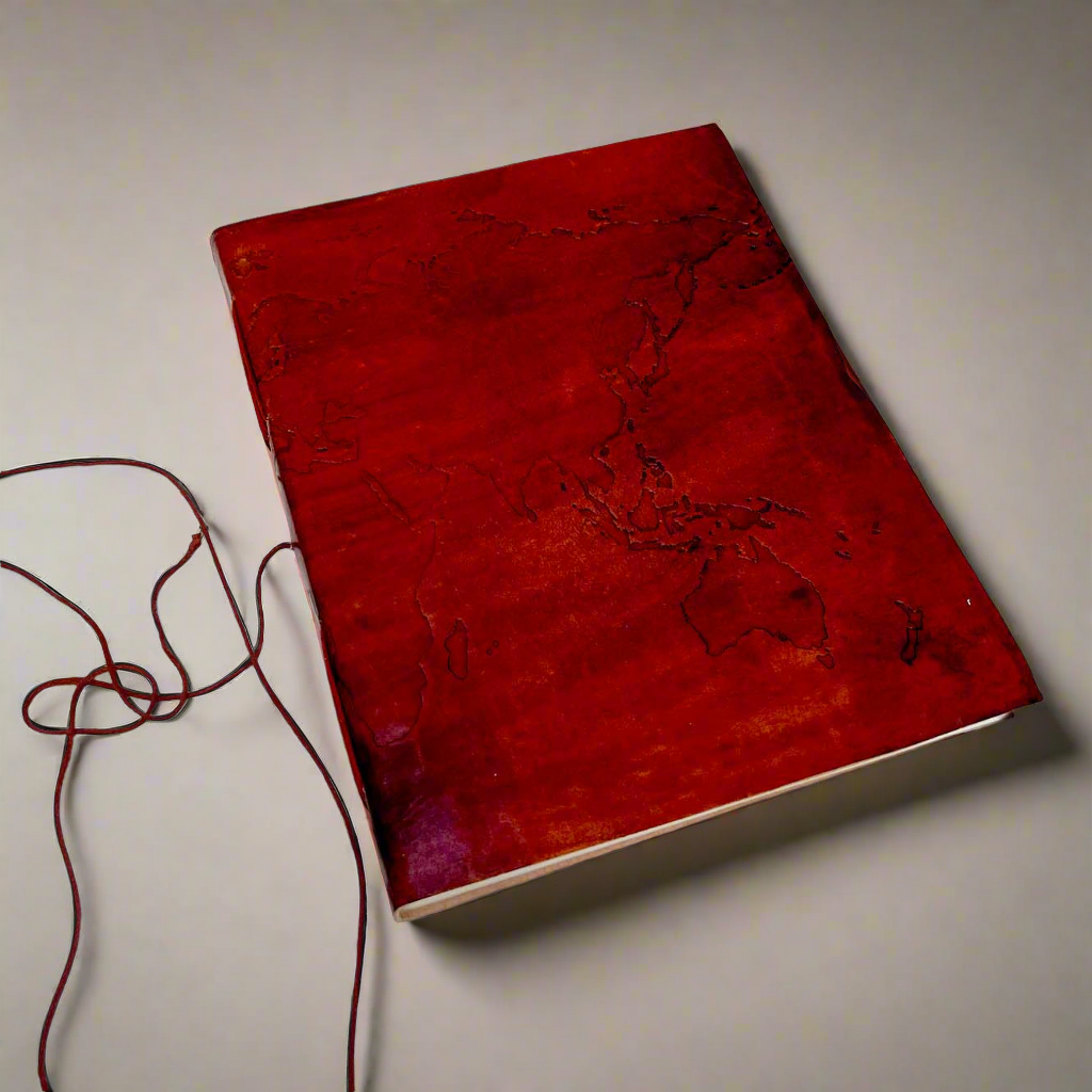 Vintage-style world map in extra large leather journal – ideal gift for travelers, writers, and geography lovers