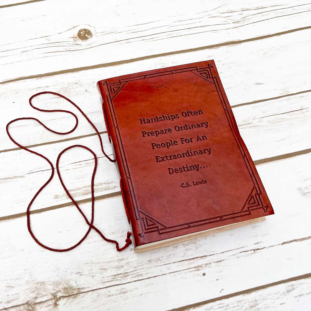 Handmade brown leather journal with inspiring quote – ideal for daily affirmations and reflection
