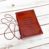 Handmade brown leather journal with inspiring quote – ideal for daily affirmations and reflection