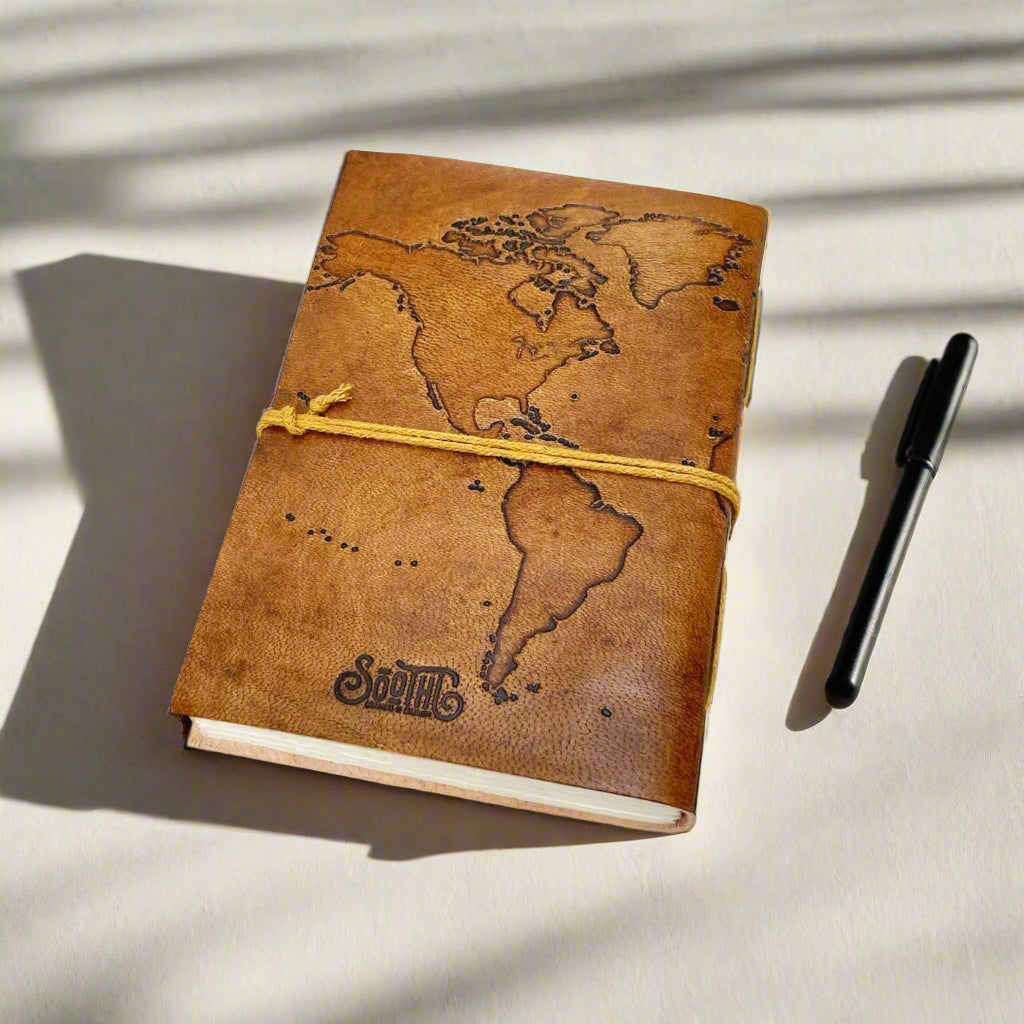 Vintage-style world map leather journal – ideal gift for travelers, writers, and geography lovers
