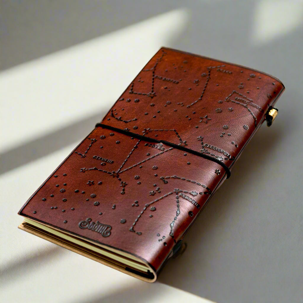 Minimalist leather notebook with embossed mantra – ethically made, ideal for personal growth and inner peace