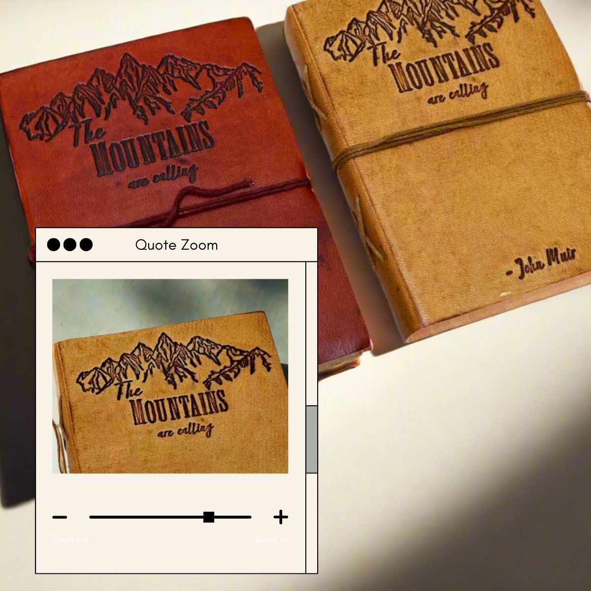Front cover of the John Muir Mountains Are Calling Leather Journal showing debossed Mountains Are Calling quote above a mountain range