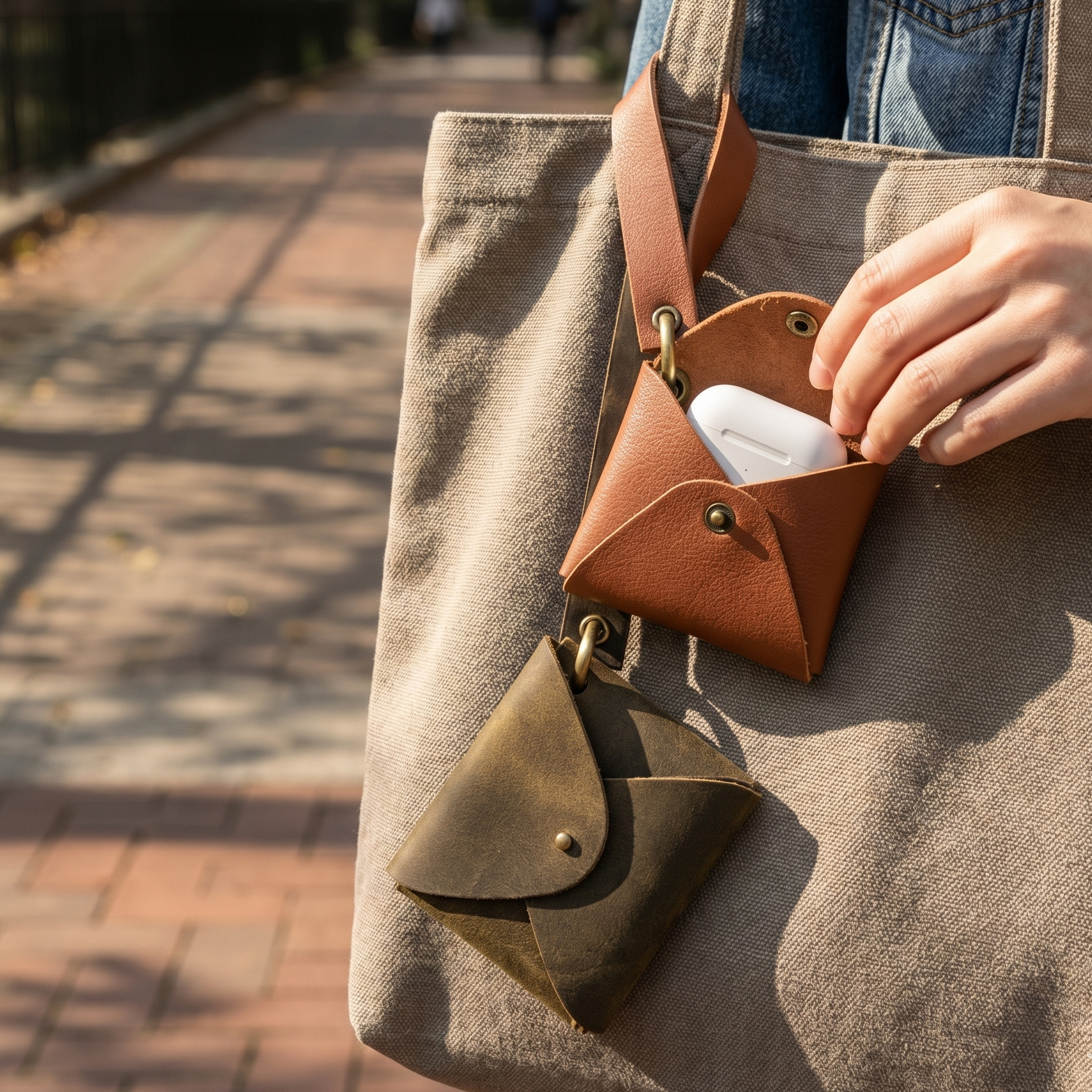 Leather AirPod pouch worn on wrist while carrying bag