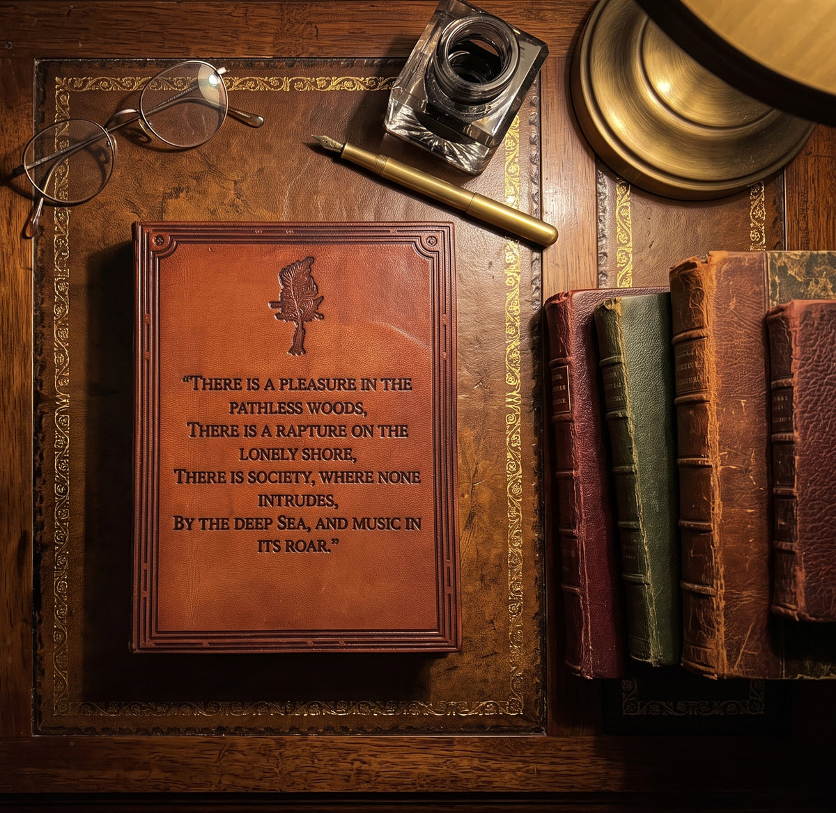 A vintage-style brown leather-bound book with an embossed and a printed quote sits on a wooden desk, surrounded by old books, a glass inkwell, eyeglasses, a gold pen, and part of a brass lamp.