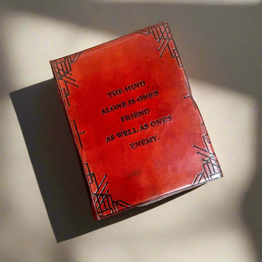 Leather journal embossed with motivational quote – handcrafted notebook for self-discovery, intention setting, or daily reflections
