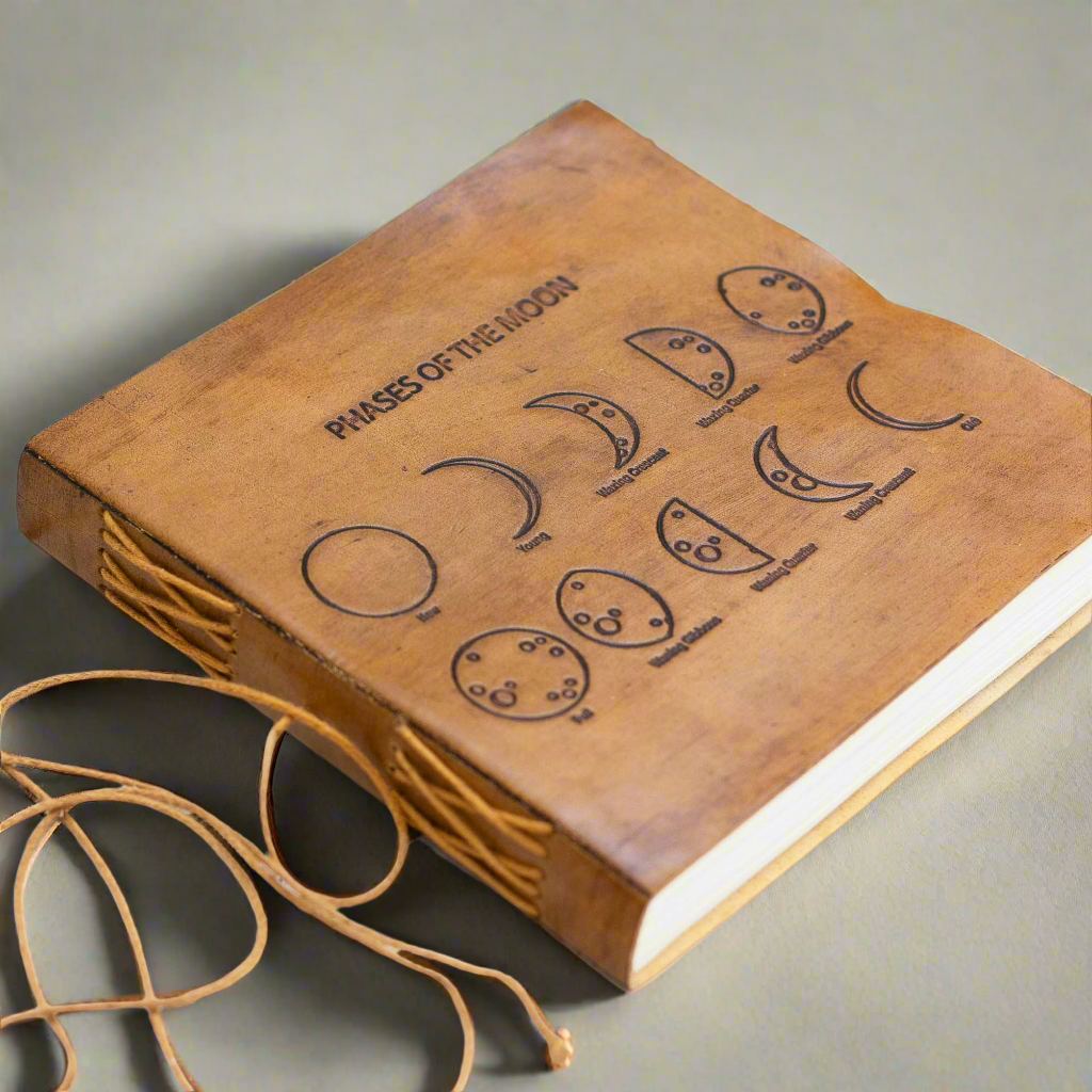 Soothi leather journal embossed with moon phases – celestial-inspired, handcrafted notebook for lunar journaling, intention setting, and spiritual reflection
