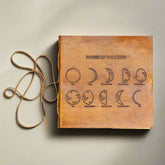 Soothi leather journal embossed with moon phases – celestial-inspired, handcrafted notebook for lunar journaling, intention setting, and spiritual reflection