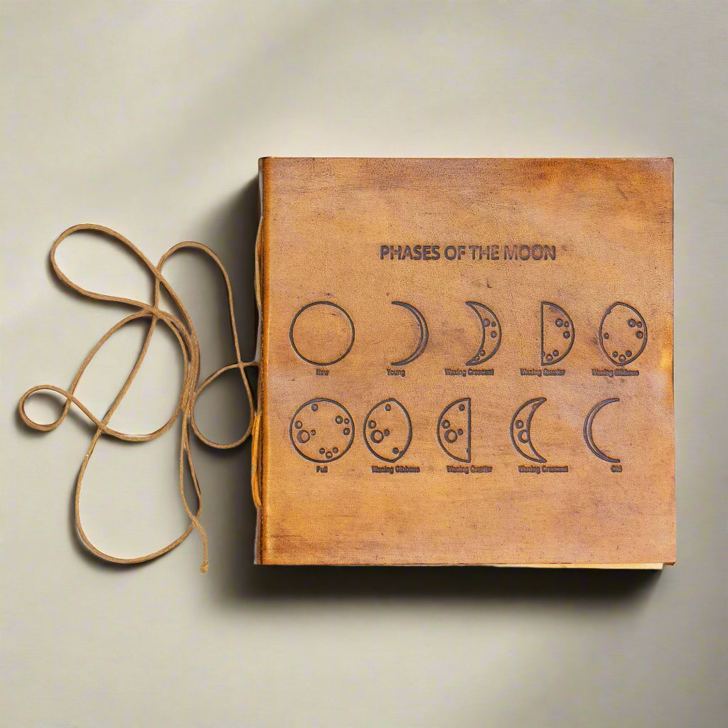 Moon Phases 7x7 leather journal with embossed lunar cycle cover