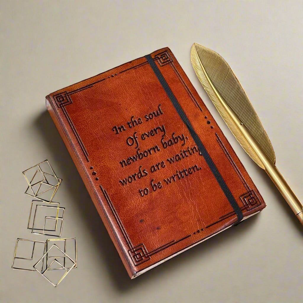 Different angle of the Newborn Baby Words Are Waiting Leather Journal showing the cover and page edges