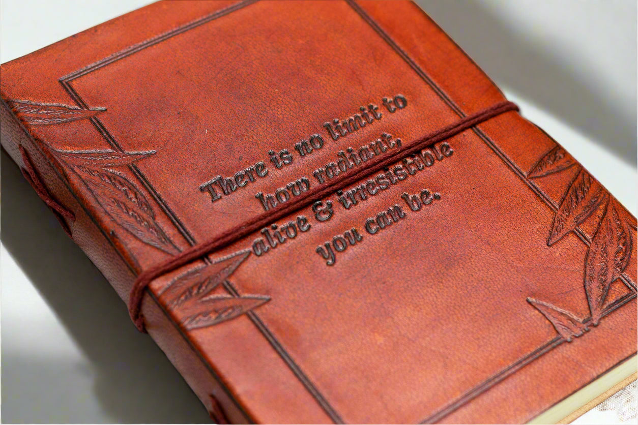 Artisan reddish brown leather diary with motivational quote – thoughtful gift to record thoughts, set goals, or simply affirm self-worth