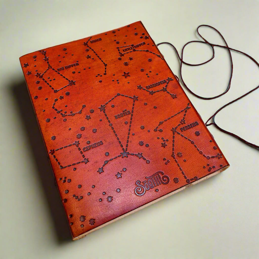 Close-up detail of brown leather journal