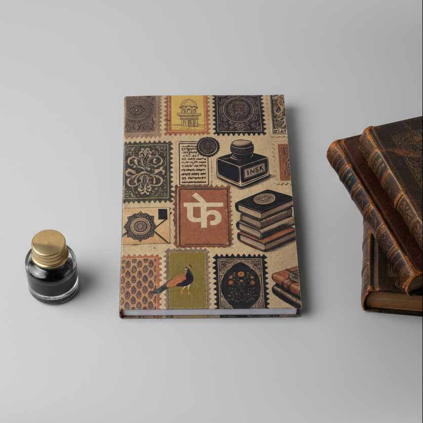 Paper journals featuring a printed Indian stationery and stamp pattern, available in two sizes