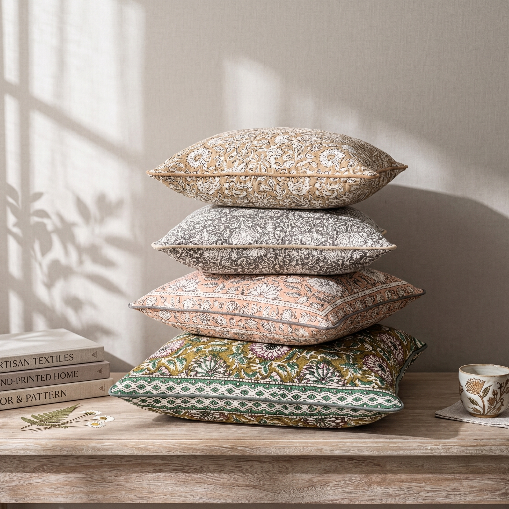 Block-printed cotton cushion cover flat view
