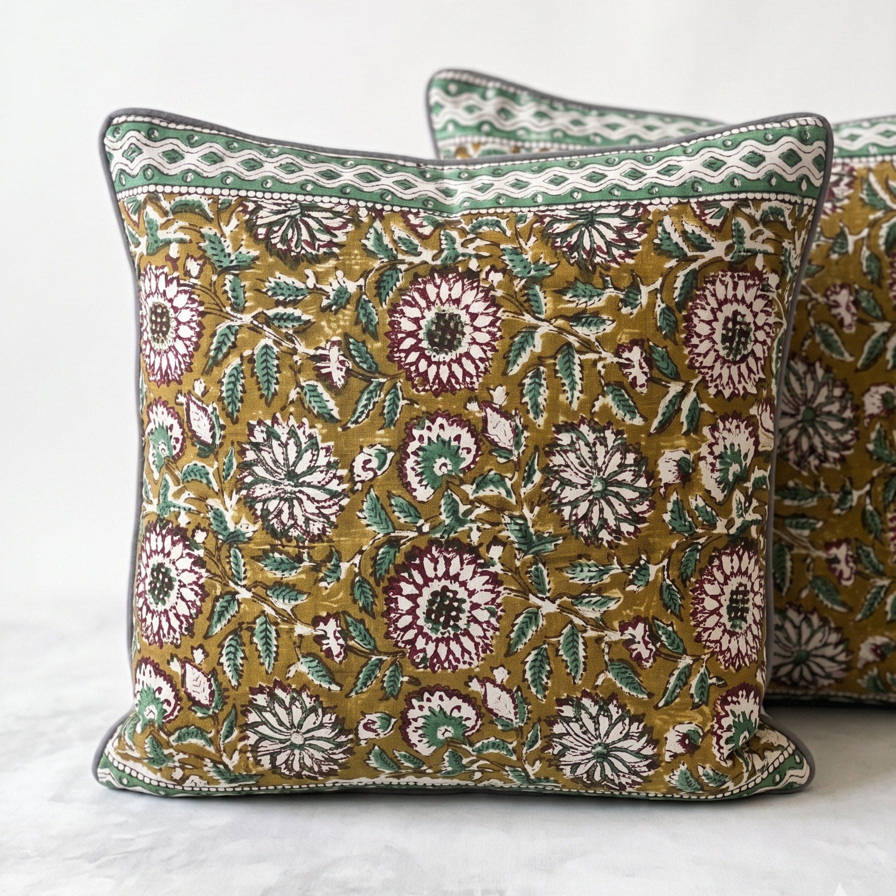 Terracotta Petal block-printed pillow cover with floral motif