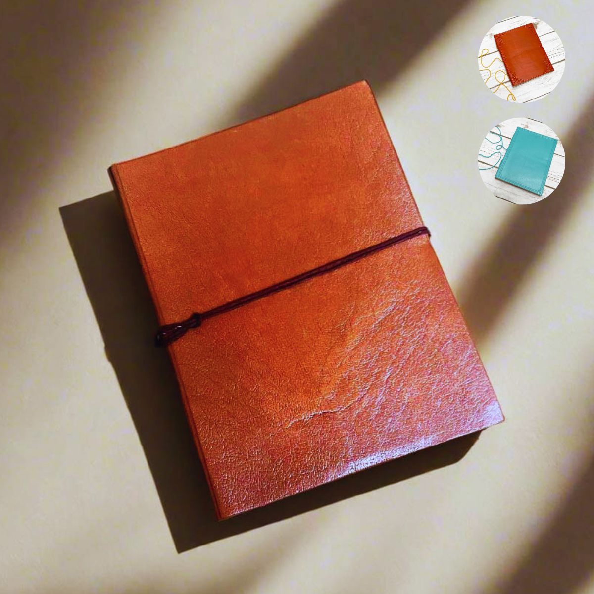 Textured lite brown 8x6 leather journal with two other options in color (blue and orange) 