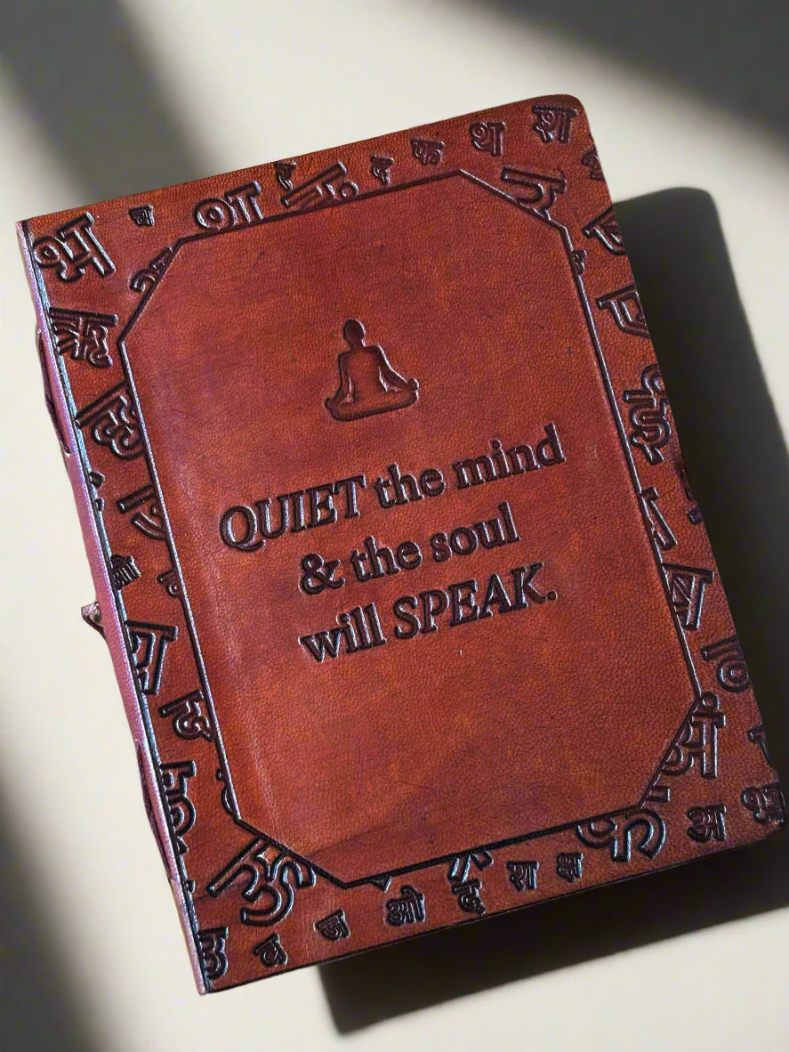Quiet the Mind brown leather journal photographed from a different angle