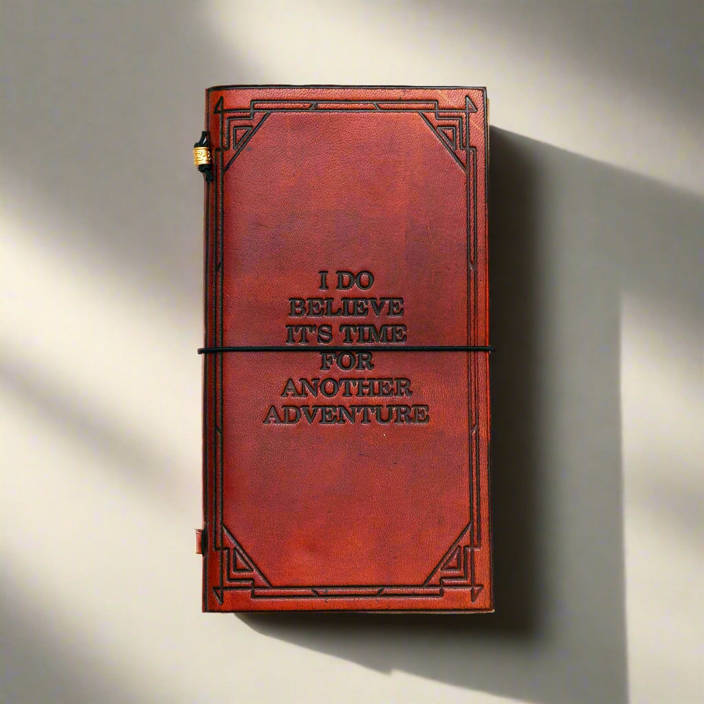 Quote Leather Travel Notebook with the Another Adventure debossed cover design.