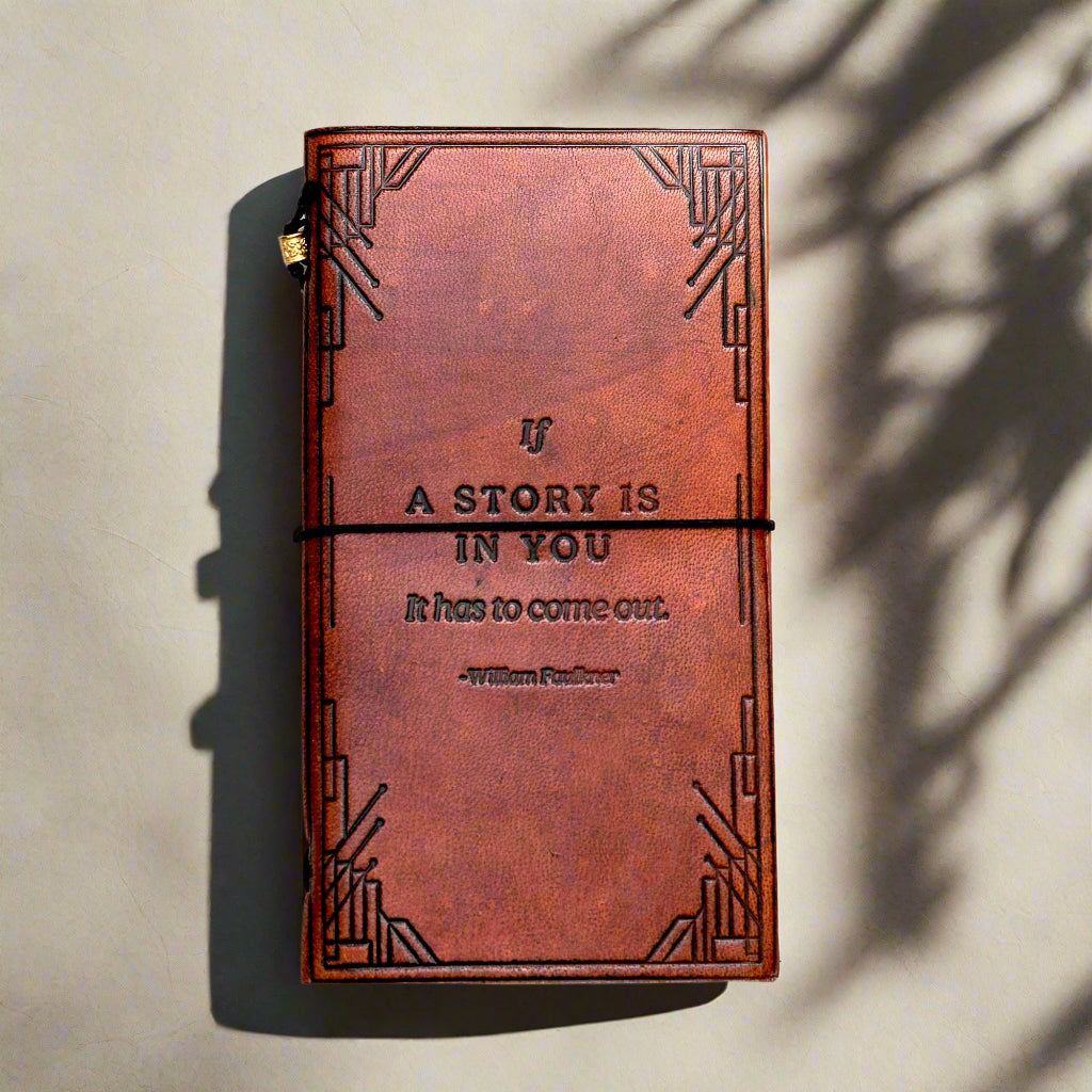 Quote Leather Travel Notebook with the If A Story debossed cover design.