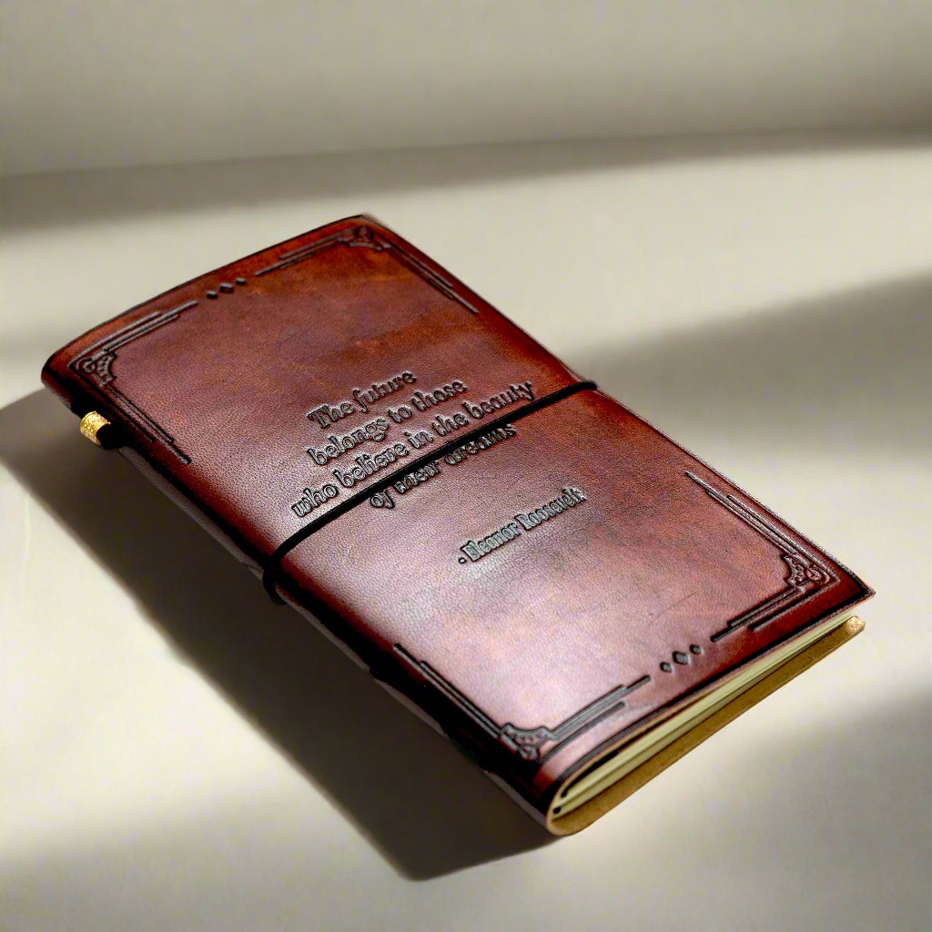 Quote Leather Travel Notebook open to unlined notebook inserts.