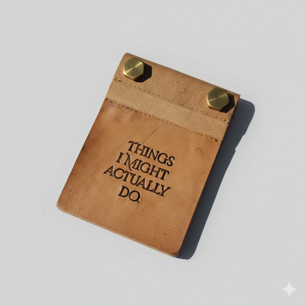 Two refillable leather notepads stacked showing list titles